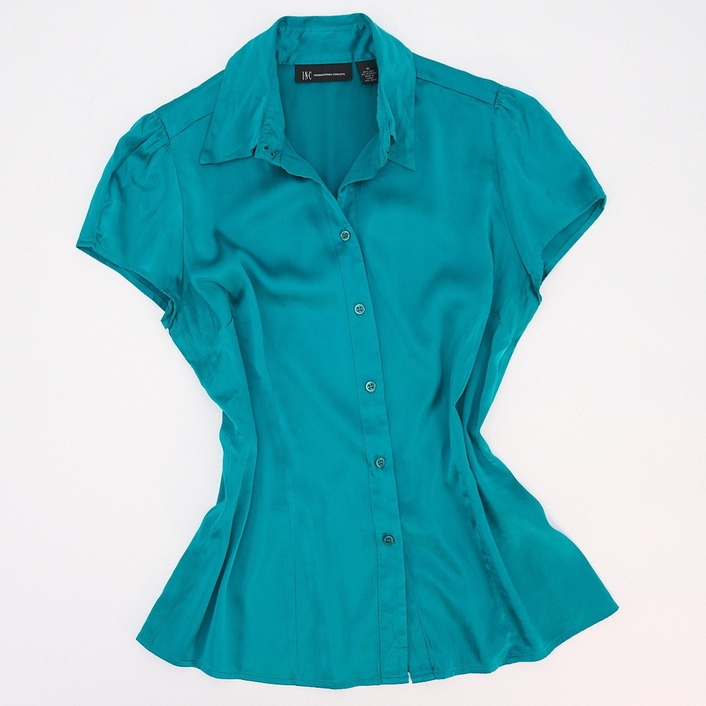 INC International Concepts Turquoise Silk Blend Blouse Fitted Short Sleeve